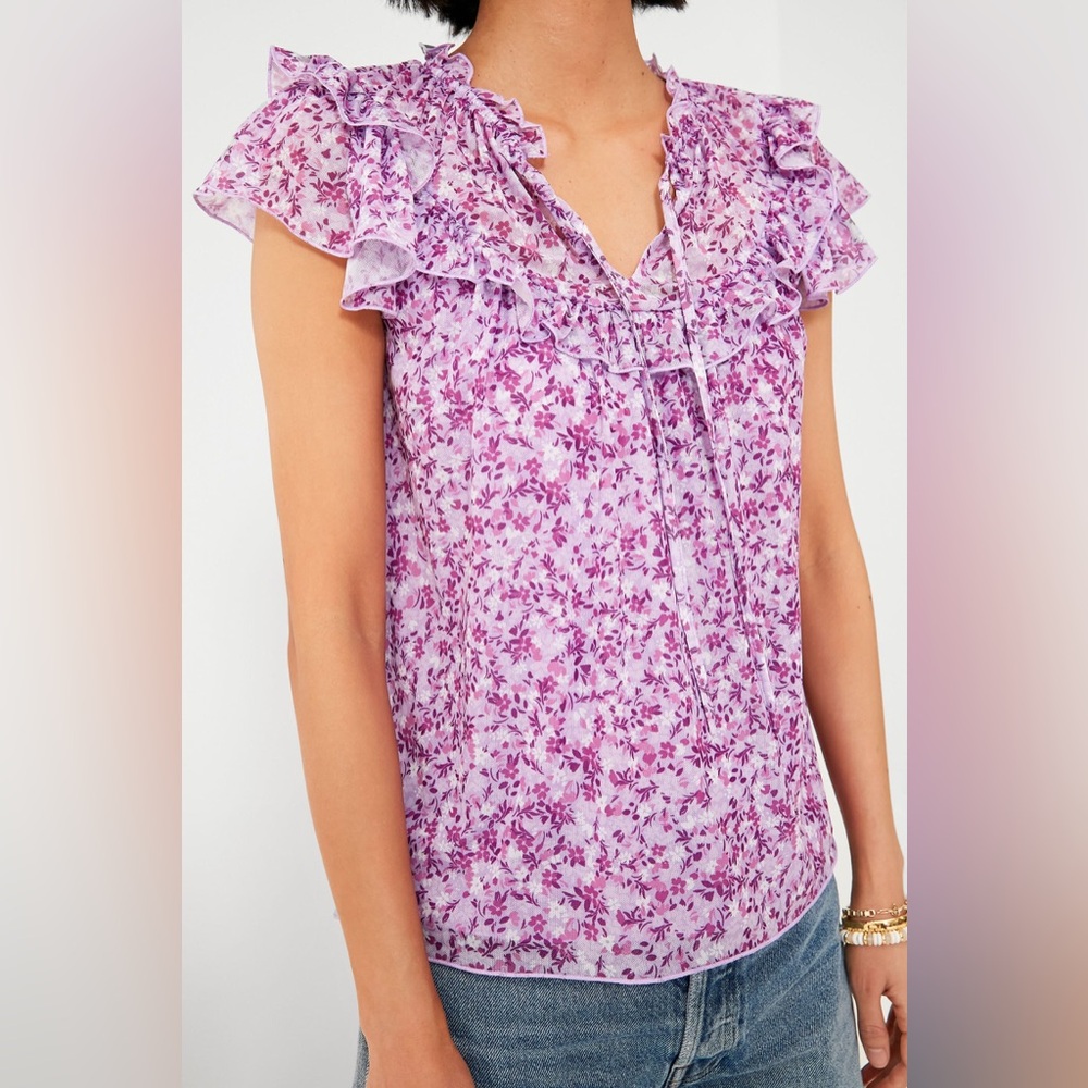 Draper James Floral Ruffle Purple Top Size Large - Picture 3 of 9